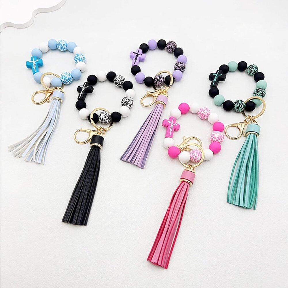 Wristlet Bracelet Keychain for Women,Silicone/Wood Cross Leopard Beaded Bracelet - Picture 9 of 9